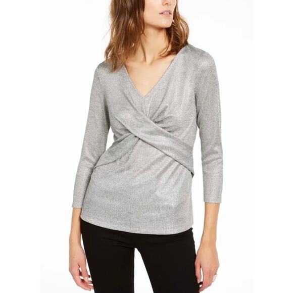 INC Ethereal Silver Criss-Cross Shine Top L NWT - Picture 1 of 6